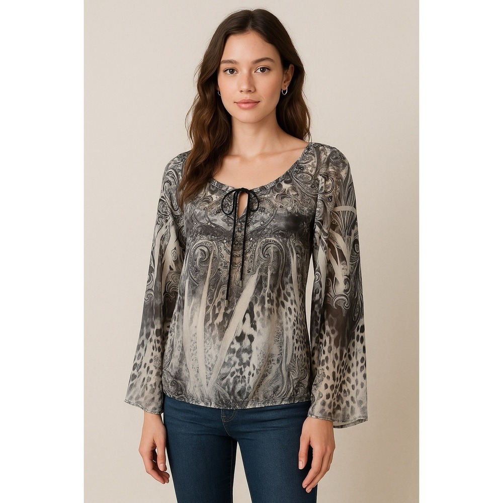 One World Womens Blouse Top Long Sleeve Small Black Gray White Paisley Bohemian